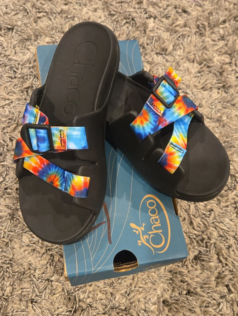 Chaco Kids Tie-Dye Strap Slide Sandals - Black Footbed